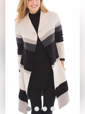 Zenergy by Chicos Open-Front Striped Drape Cardigan in Black and Cream